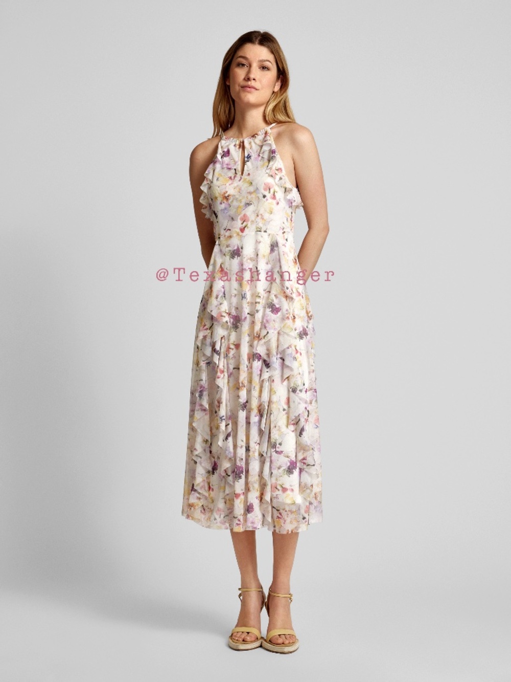 NWT Ted Baker Lauriin Halterneck Ruffle Midi Dress US 4 White/Multi